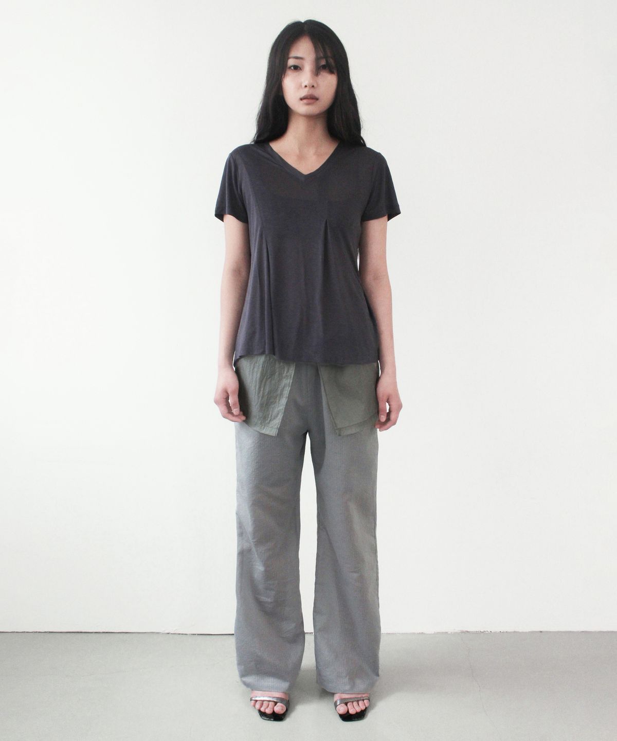 카셀(CACELE) OVERLAY STRIPE PANTS, GRAY MIX