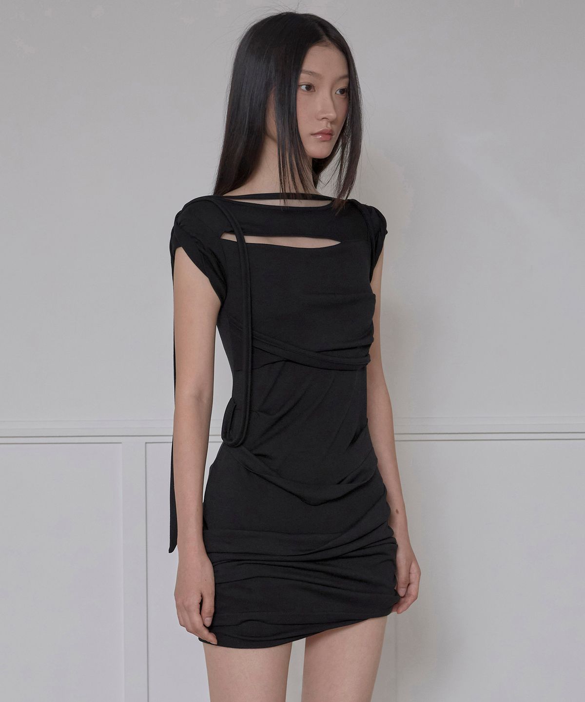 플레어업(FLAREUP) Asymmetrical Draped Strap Roll-Up Dress (FL-171_Black)