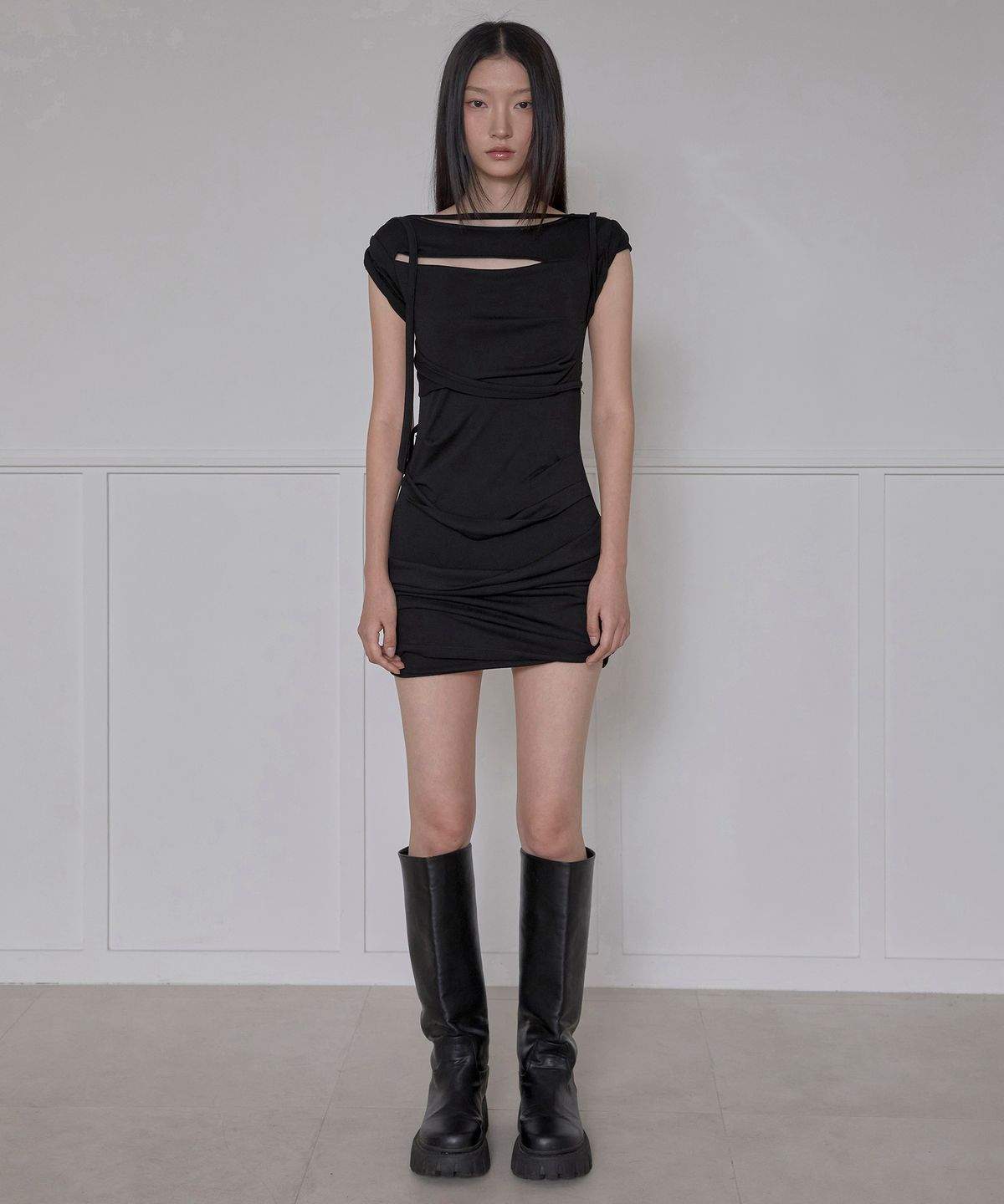 플레어업(FLAREUP) Asymmetrical Draped Strap Roll-Up Dress (FL-171_Black)