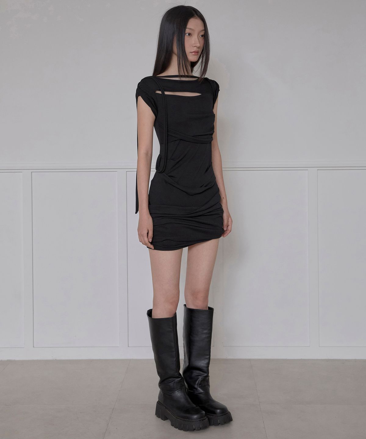 플레어업(FLAREUP) Asymmetrical Draped Strap Roll-Up Dress (FL-171_Black)