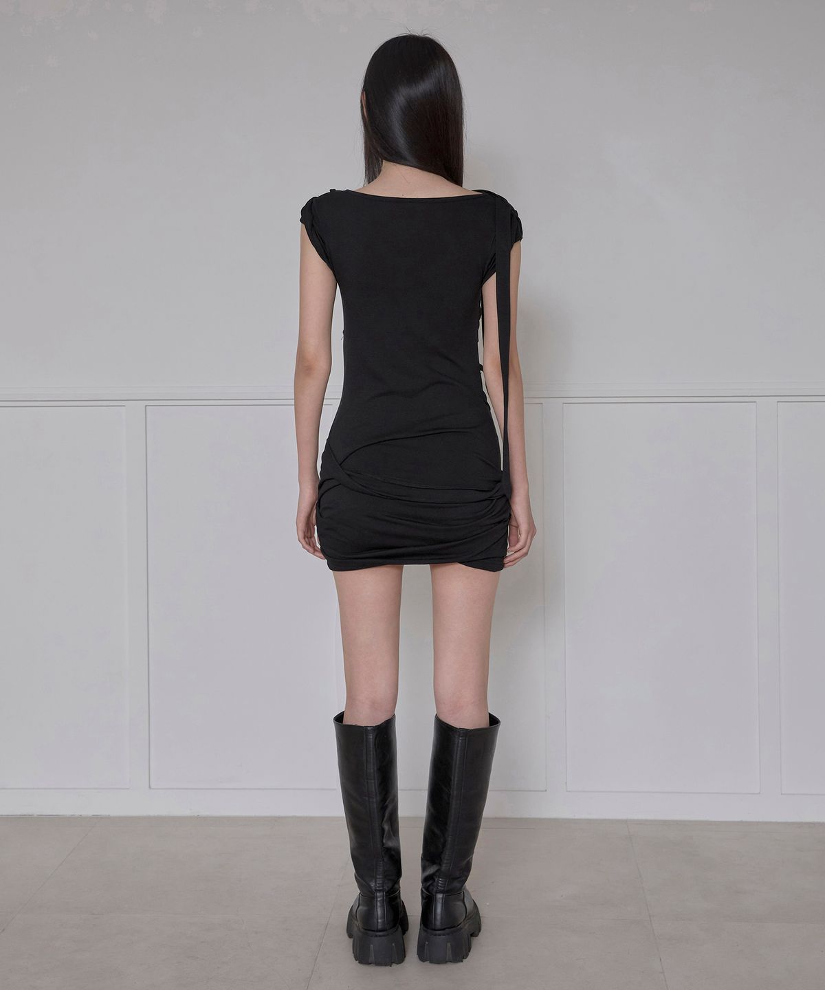 플레어업(FLAREUP) Asymmetrical Draped Strap Roll-Up Dress (FL-171_Black)