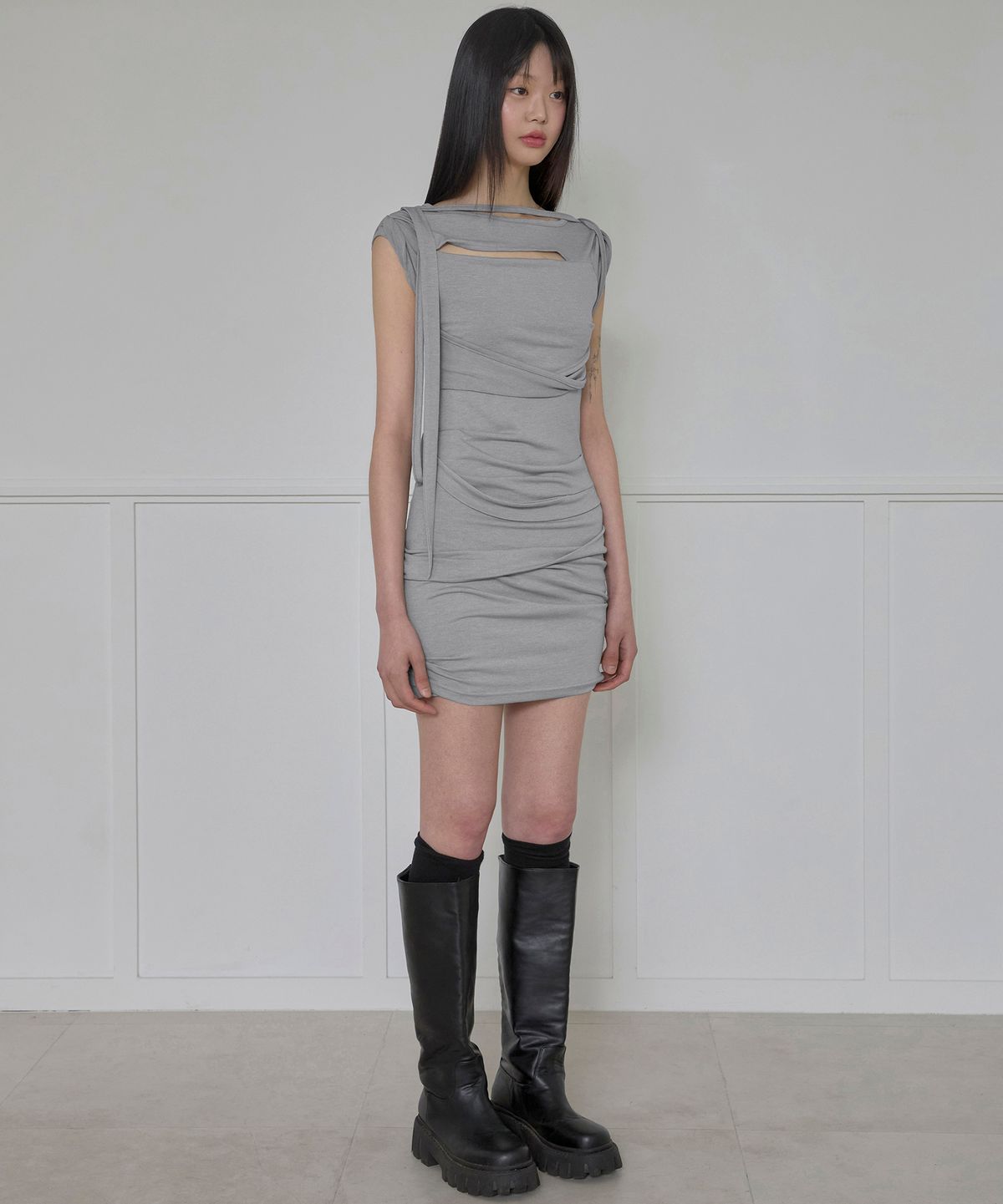 플레어업(FLAREUP) Asymmetrical Draped Strap Roll-Up Dress (FL-171_Gray)