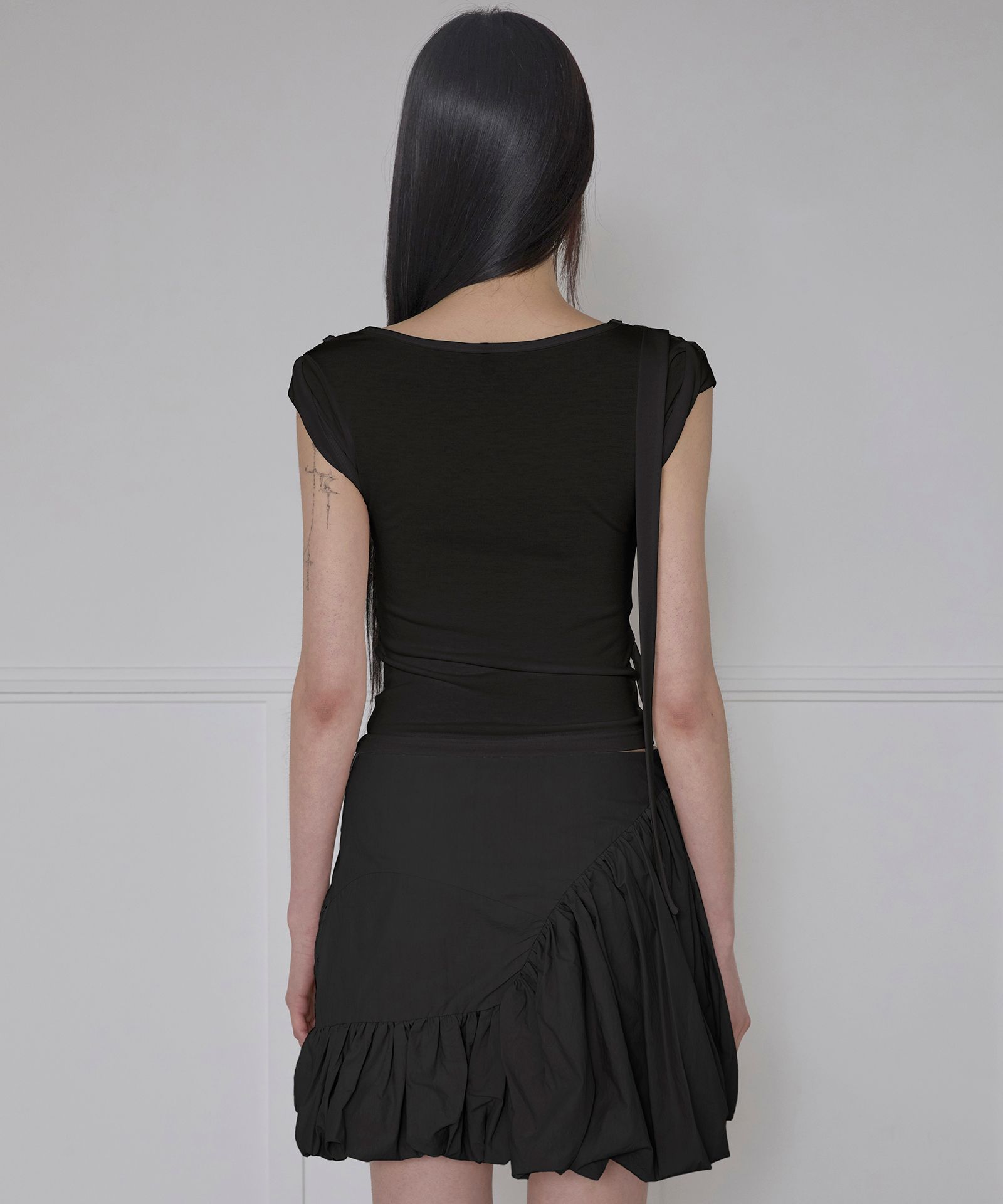 MUSINSA | FLAREUP Asymmetrical Draped Strap Roll-Up T-Shirt