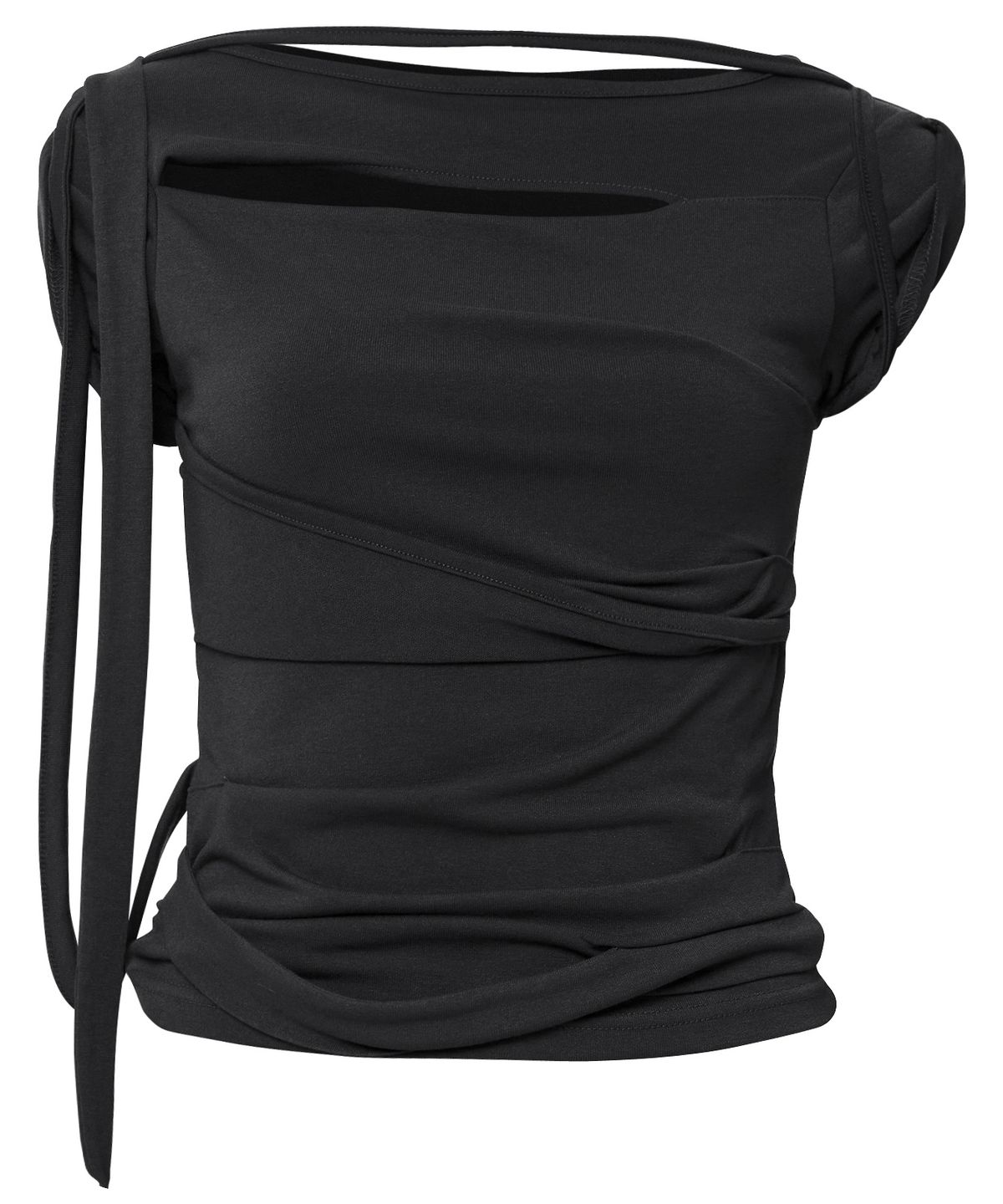 플레어업(FLAREUP) Asymmetrical Draped Strap Roll-Up T-Shirt (FL-170_Black)