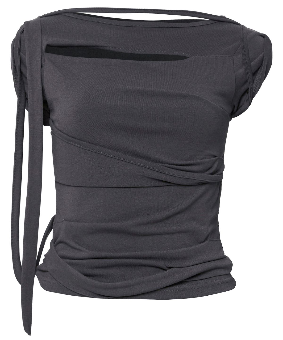플레어업(FLAREUP) Asymmetrical Draped Strap Roll-Up T-Shirt (FL-170_Charcoal)