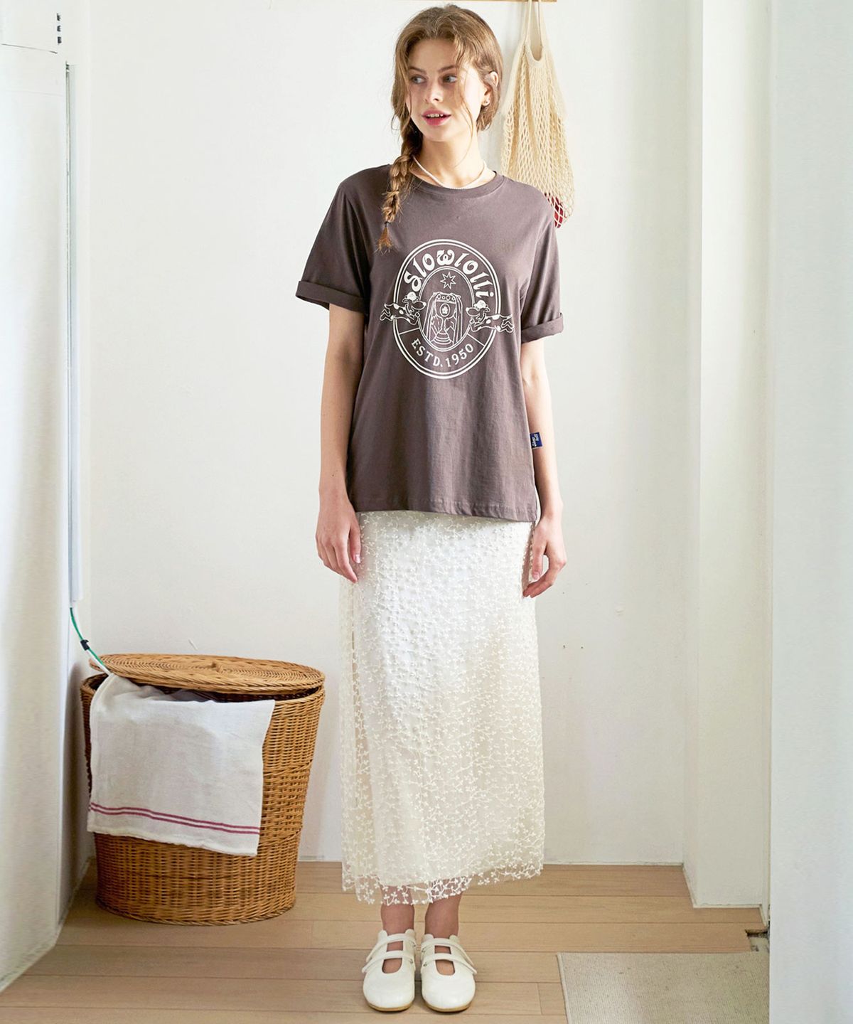 슬로우롤리(SLOWLOLLI) Floral chiffon shirring long skirt - Cream