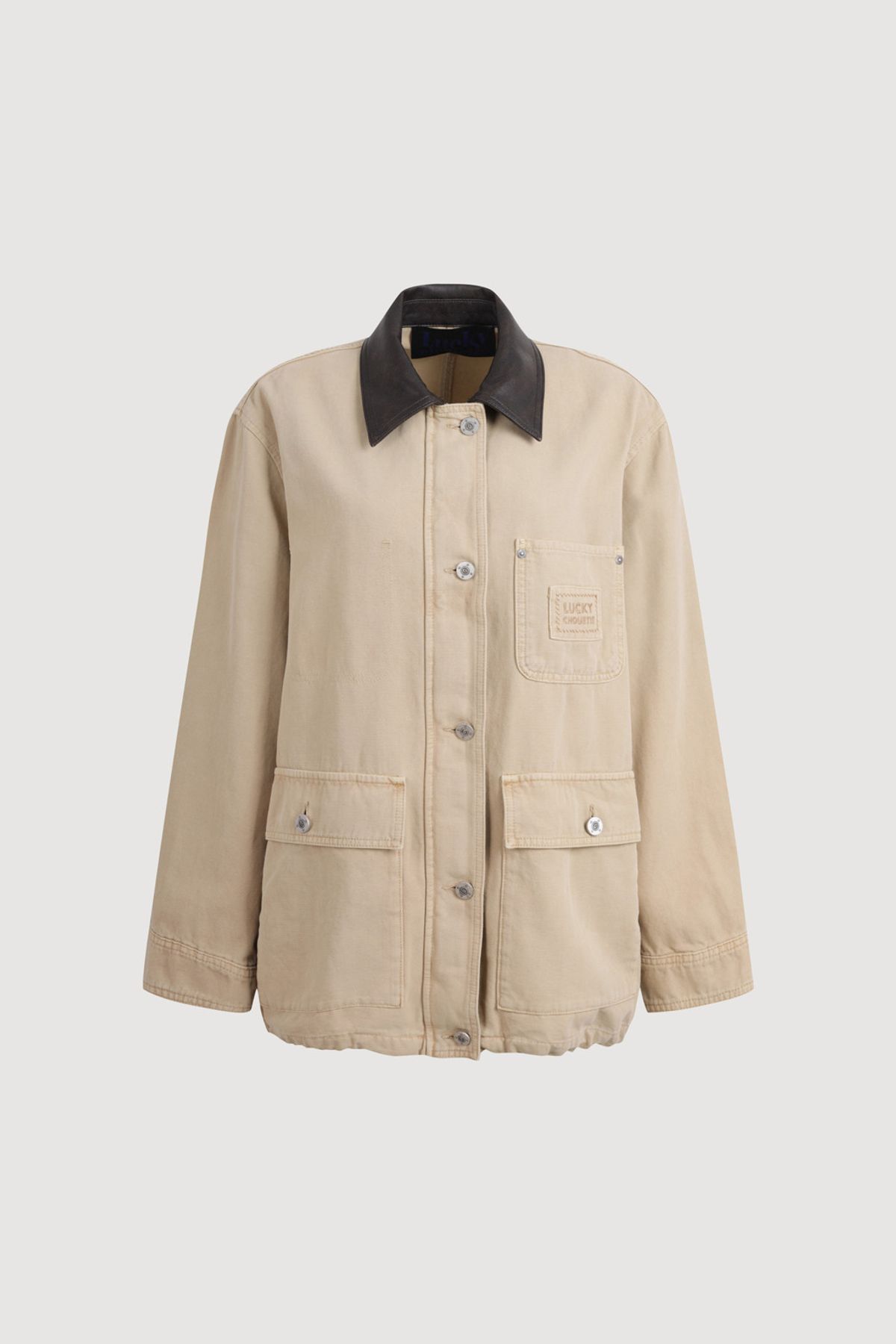 럭키슈에뜨(LUCKY CHOUETTE) Fake Leather Collar Denim Jumper (dark beige) LFPDM25360BED