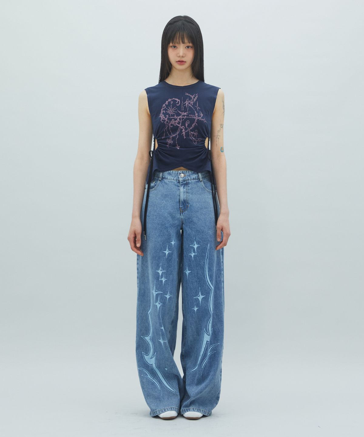 라라폭스(LALAFOX) TWINKLE WIDE DENIM PANTS 프린팅 청바지 BLUE BR2DP003