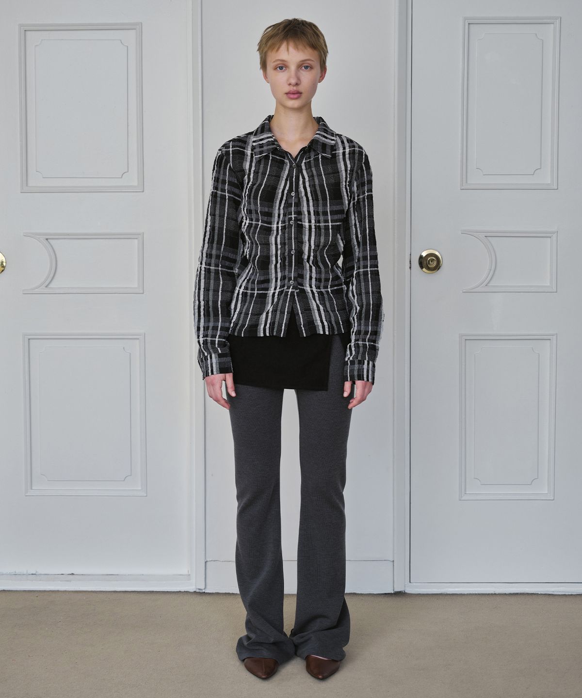 시메트릭 퍼센트(SYMMETRICPERCENT) Crinkle Check Shirt / Black
