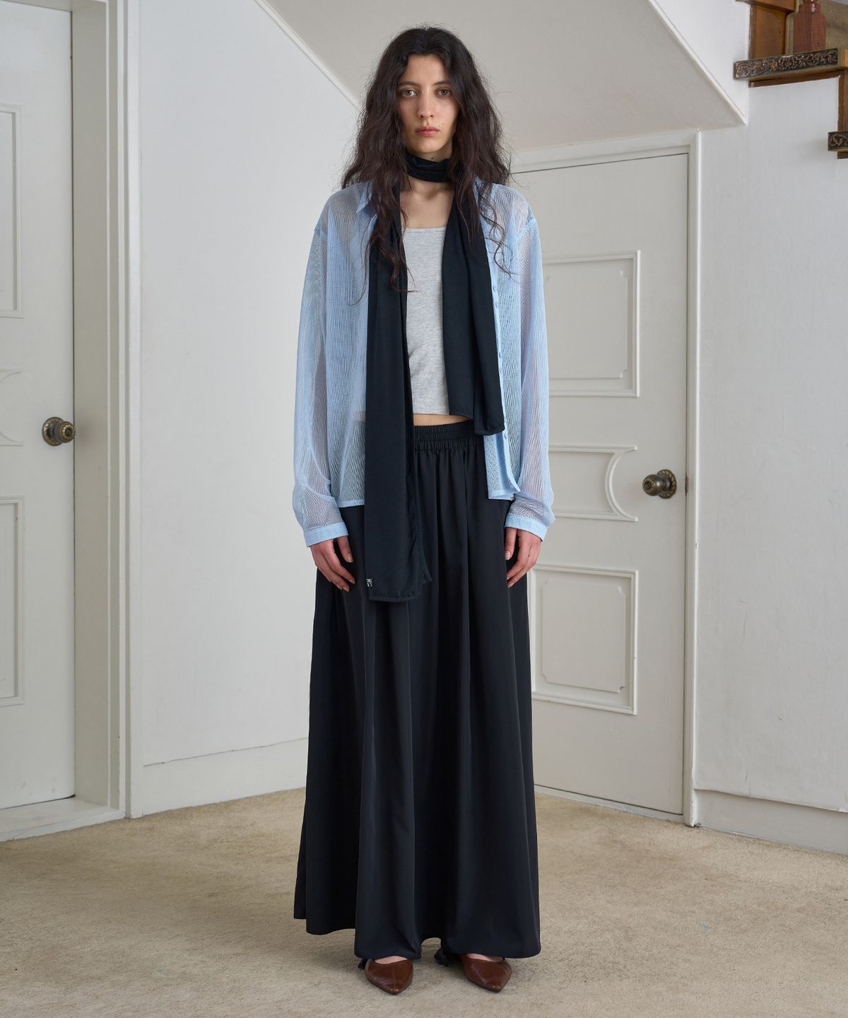 시메트릭 퍼센트(SYMMETRICPERCENT) Sheer Mesh Shirt / Light blue