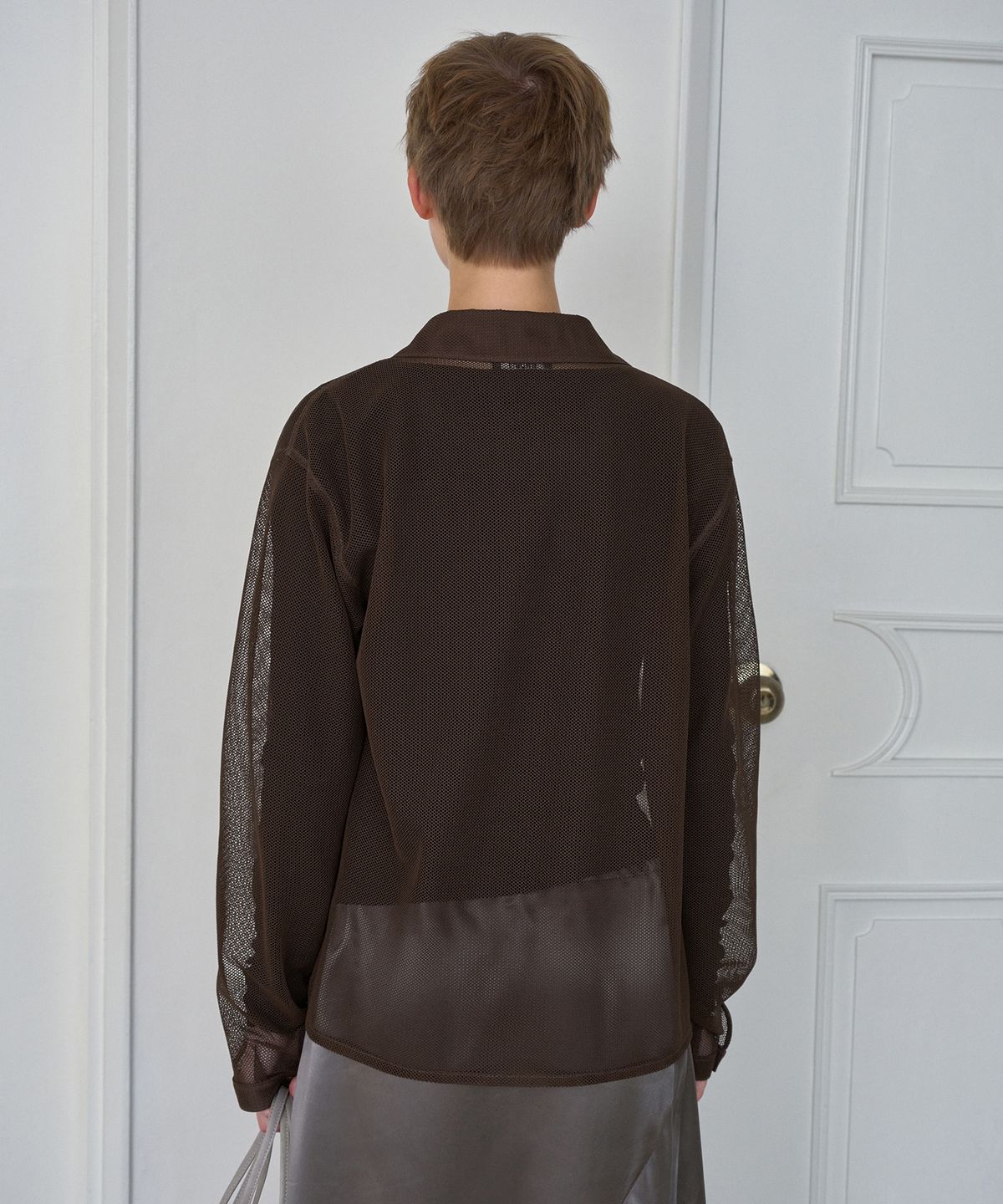 시메트릭 퍼센트(SYMMETRICPERCENT) Sheer Mesh Shirt / Brown