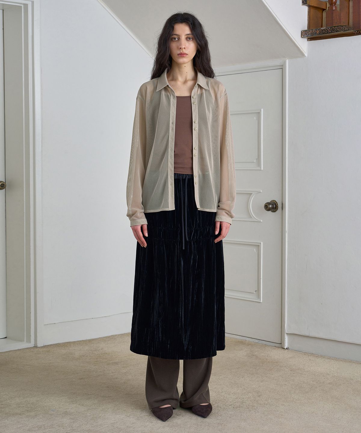 시메트릭 퍼센트(SYMMETRICPERCENT) Sheer Mesh Shirt / Beige