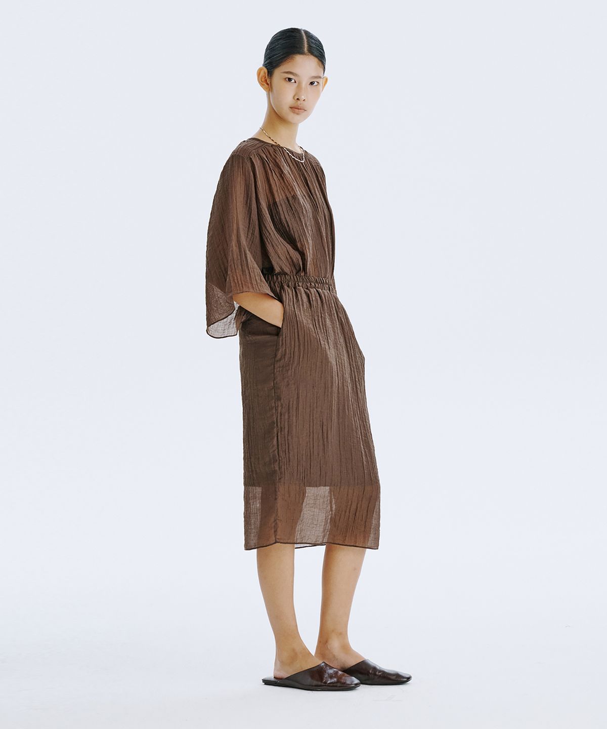 분더캄머(WNDERKAMMER) Sheer Banding Skirt_Brown