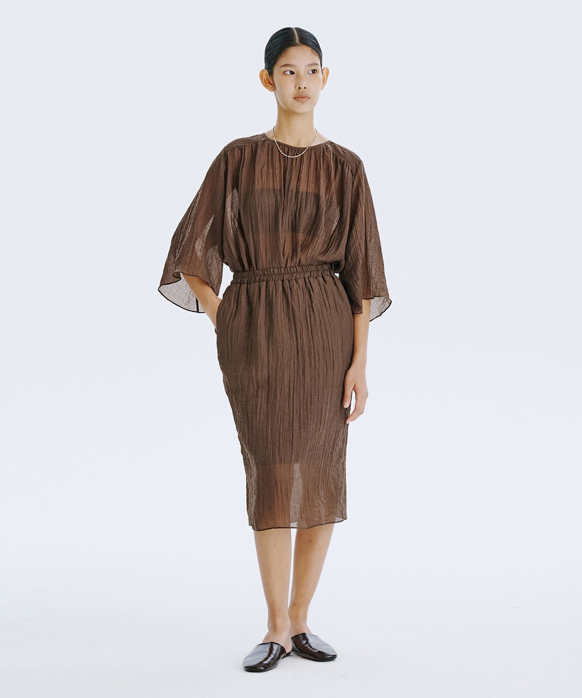 분더캄머(WNDERKAMMER) Sheer Banding Skirt_Brown
