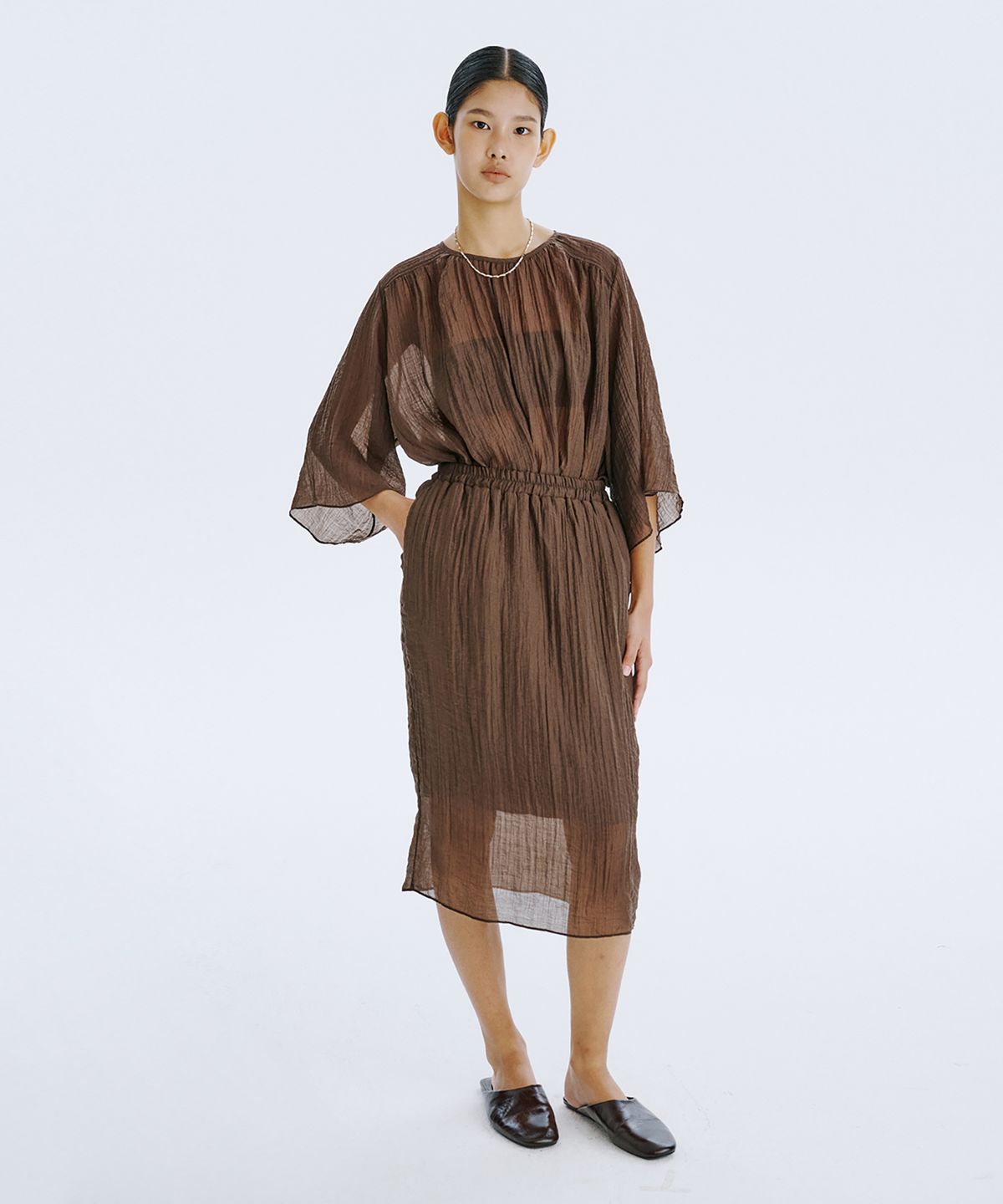 분더캄머(WNDERKAMMER) Sheer Banding Skirt_Brown