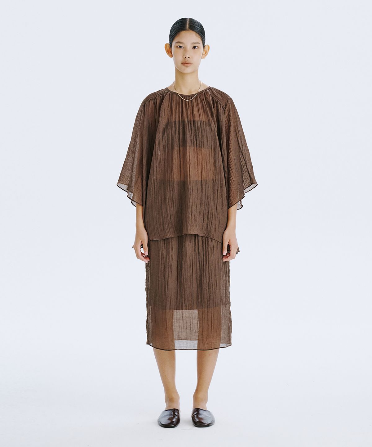 분더캄머(WNDERKAMMER) Sheer Banding Skirt_Brown