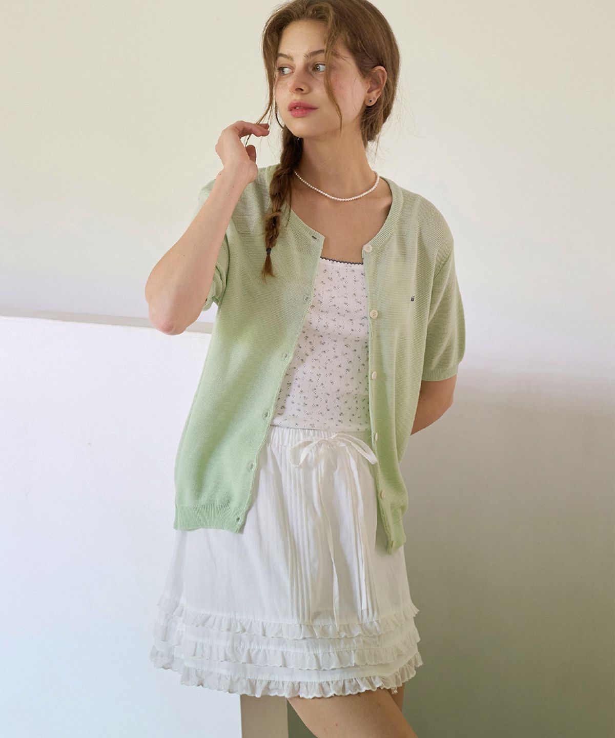 슬로우롤리(SLOWLOLLI) Tiered frill pintuck mini skirt - Ivory