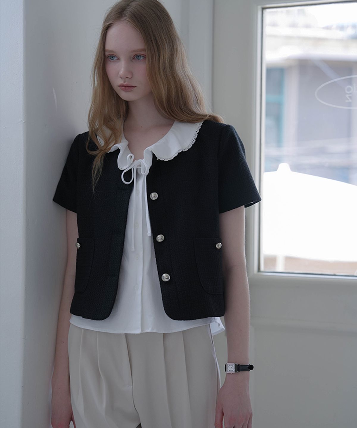 드헤베(DEHEVE) Round Neck Tweed Jacket [Black]