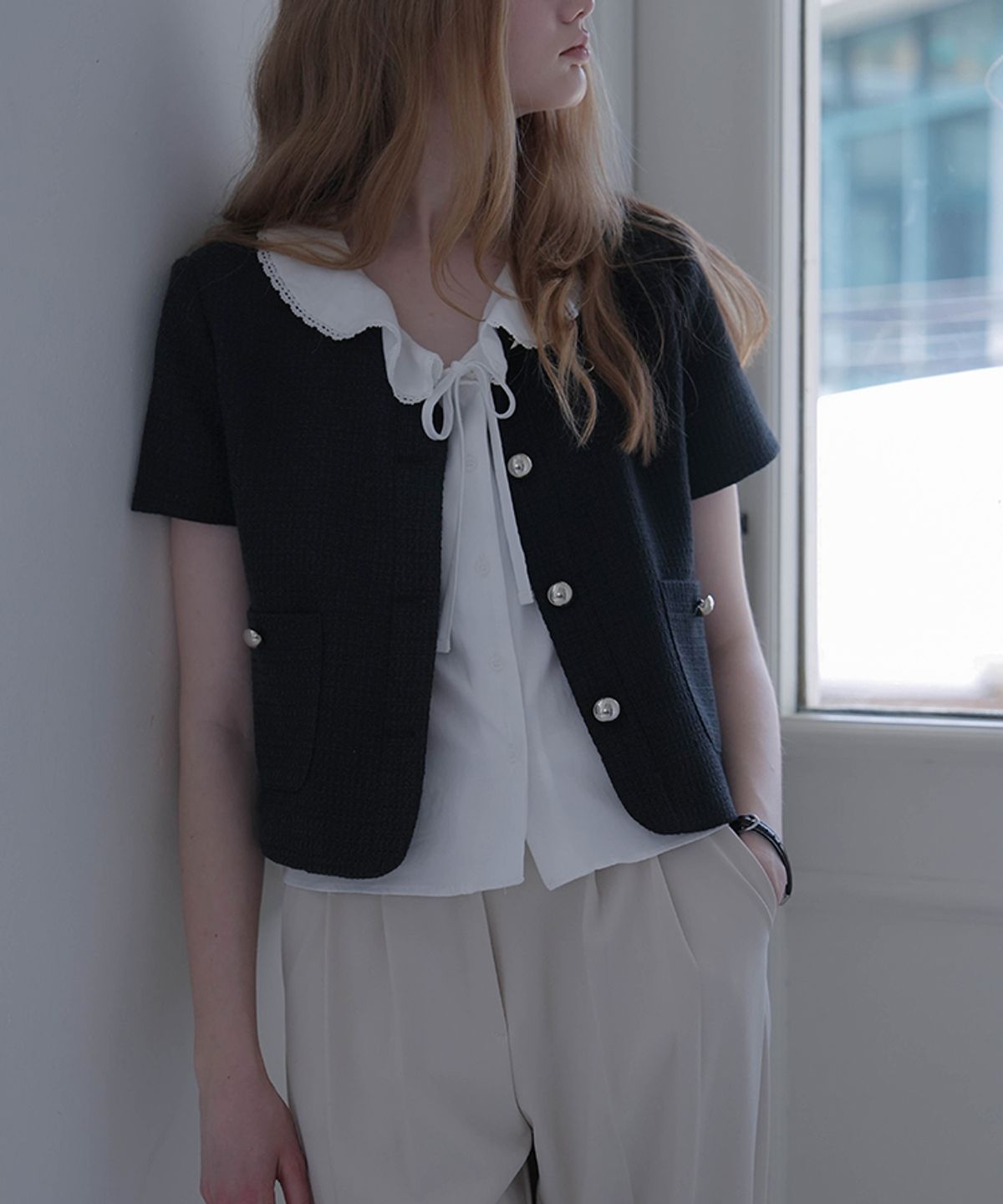 드헤베(DEHEVE) Round Neck Tweed Jacket [Black]