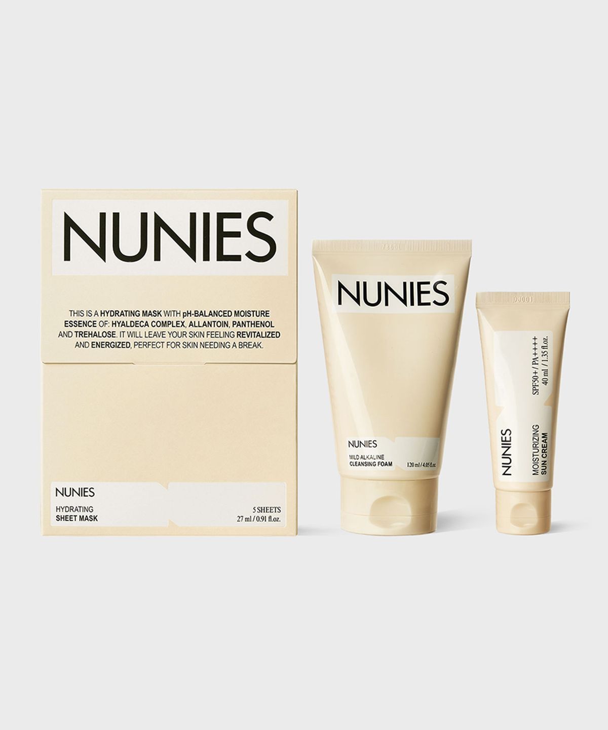 뉴니스(NUNIES) [수분케어 세트] 약알칼리성 클렌징폼 120ml+수분 선크림 40ml+수분 마스크 5매