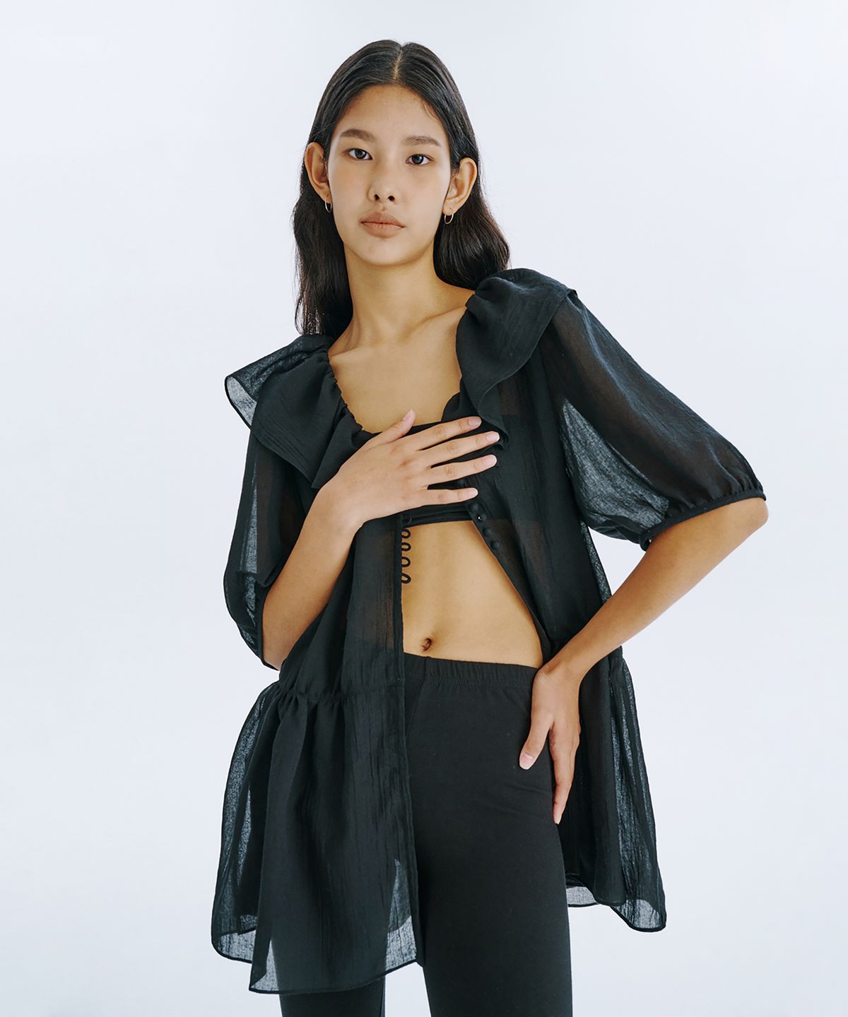 분더캄머(WNDERKAMMER) See-Through Oversized shirred blouse_Black