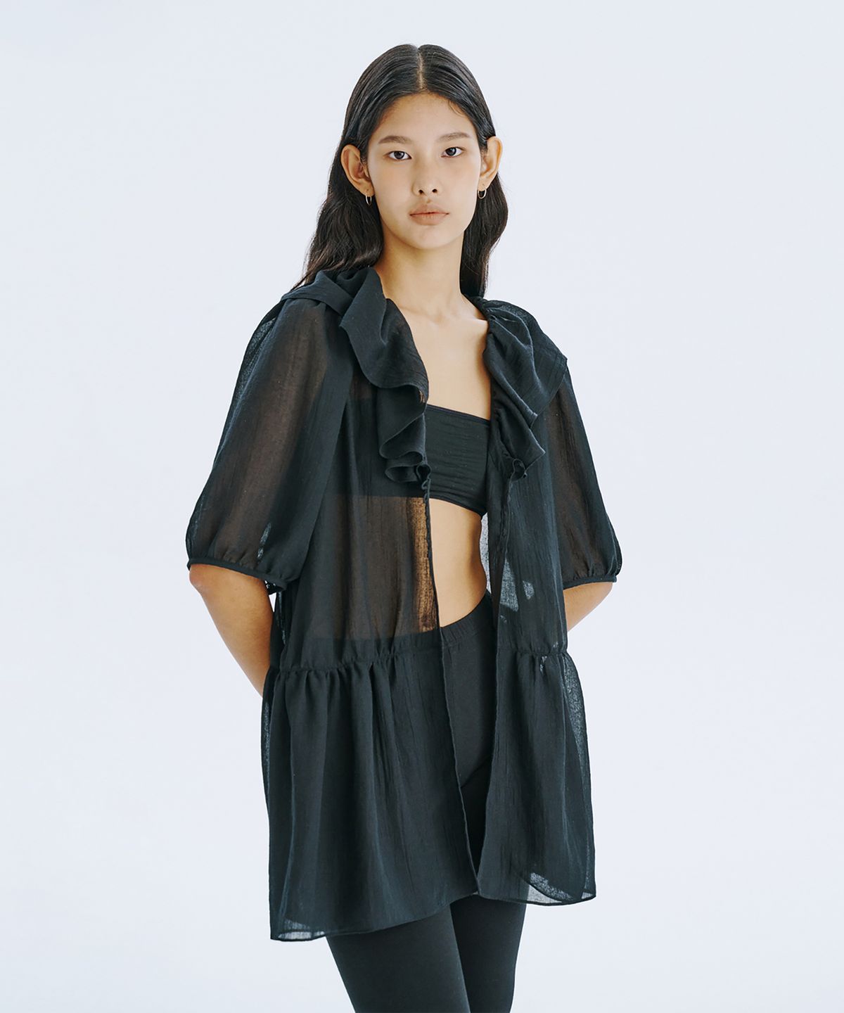 분더캄머(WNDERKAMMER) See-Through Oversized shirred blouse_Black