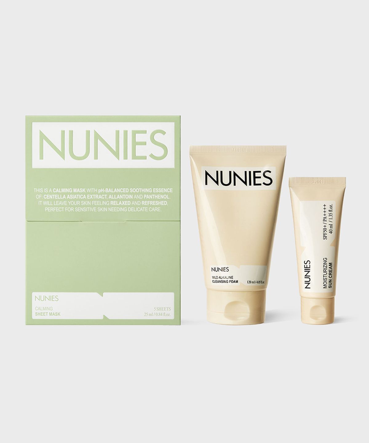 뉴니스(NUNIES) [진정케어 세트] 약알칼리성 클렌징폼 120ml+수분 선크림 40ml+진정 마스크 5매