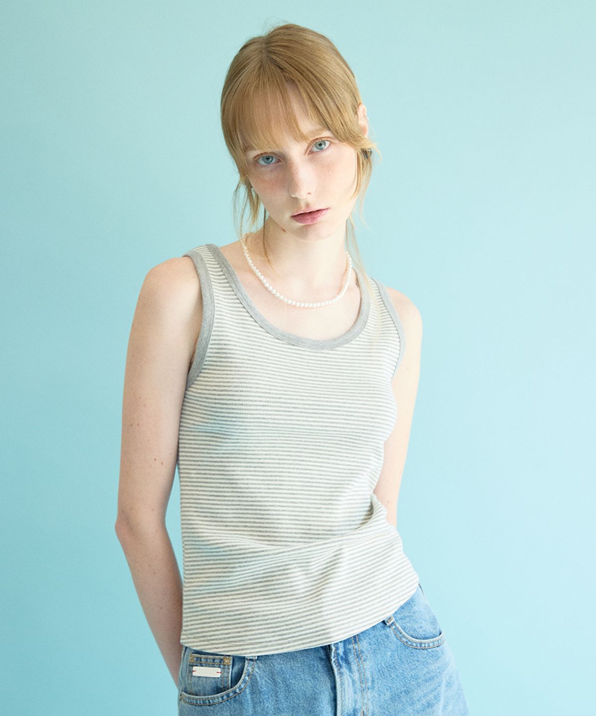 코케트(COQUET) U Neck Stripe Sleeveless Melange Gray