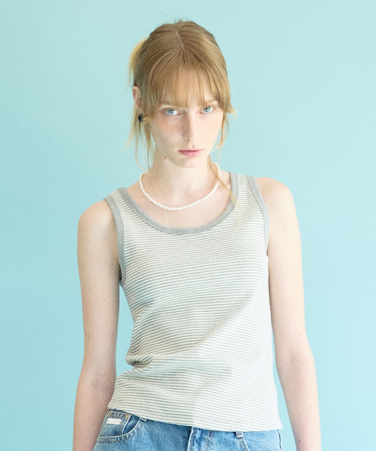 코케트(COQUET) U Neck Stripe Sleeveless Melange Gray