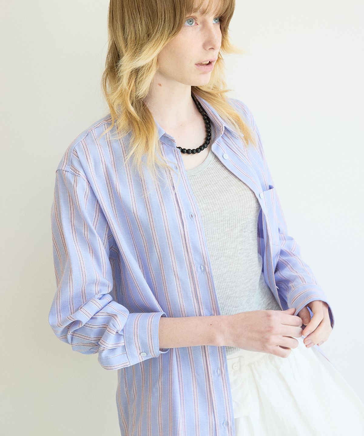 코케트(COQUET) Classic Loose Fit Stitch Stripe Shirt Sky Blue