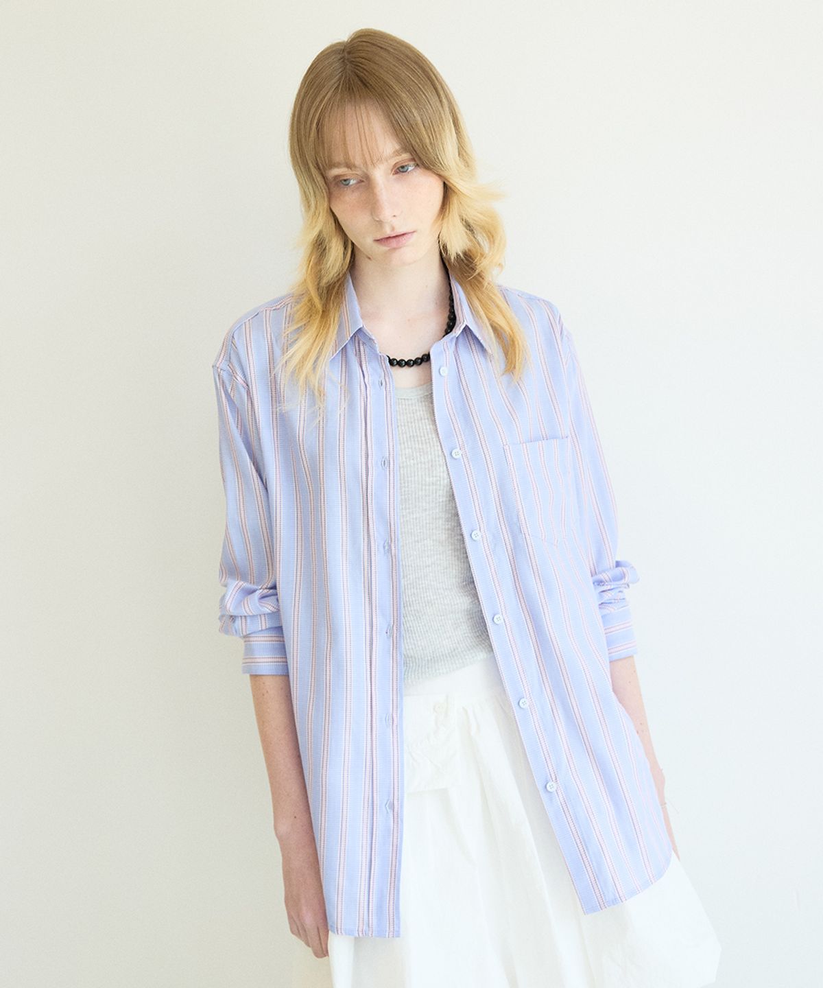 코케트(COQUET) Classic Loose Fit Stitch Stripe Shirt Sky Blue