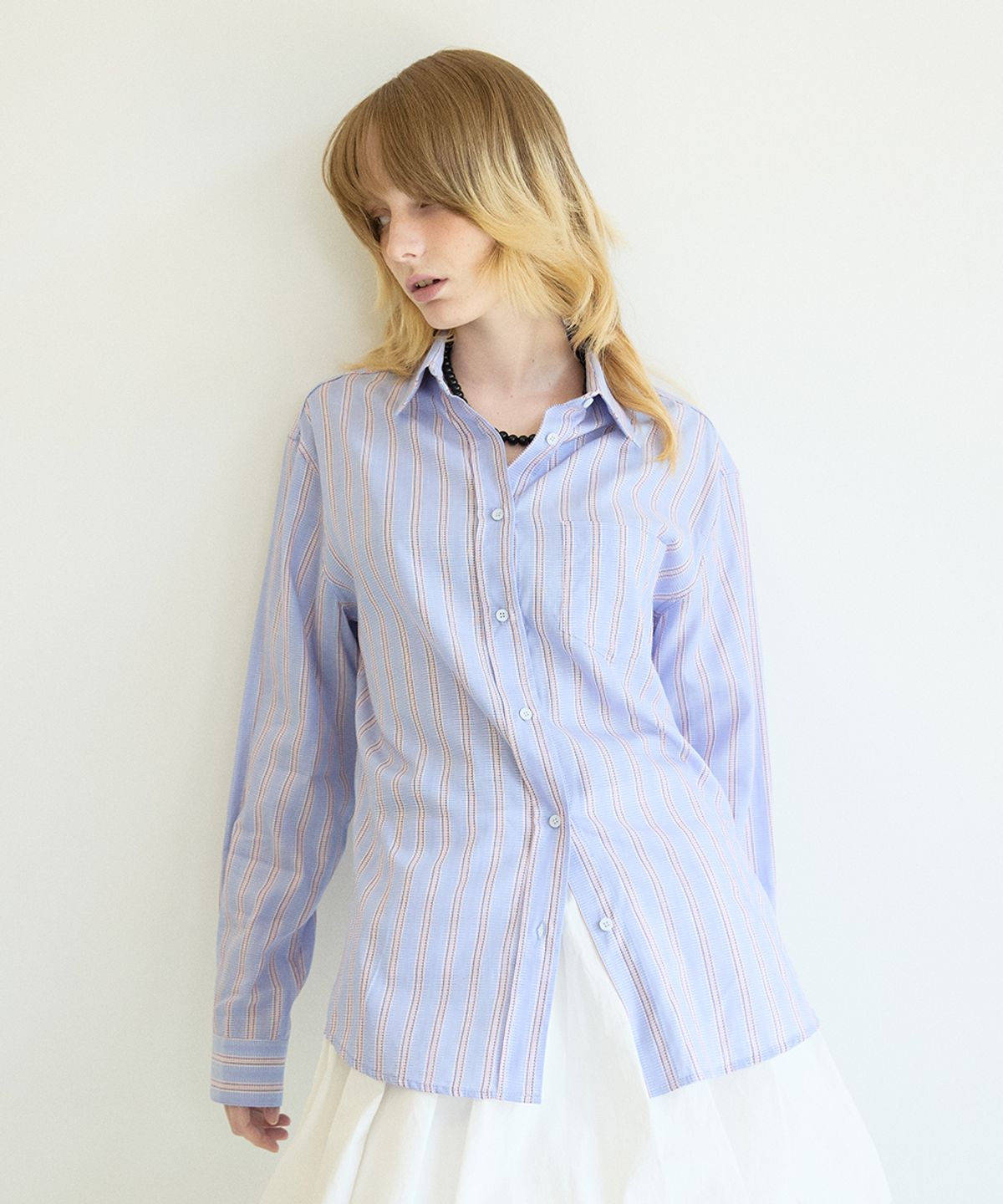코케트(COQUET) Classic Loose Fit Stitch Stripe Shirt Sky Blue