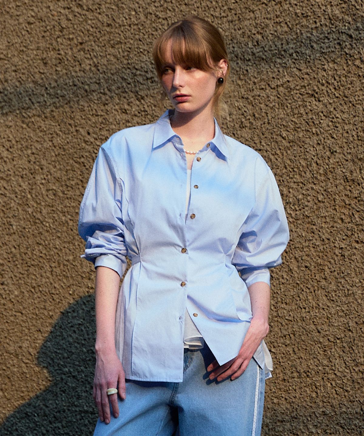 코케트(COQUET) Sheer Layered Belted Shirt Light Sky Blue