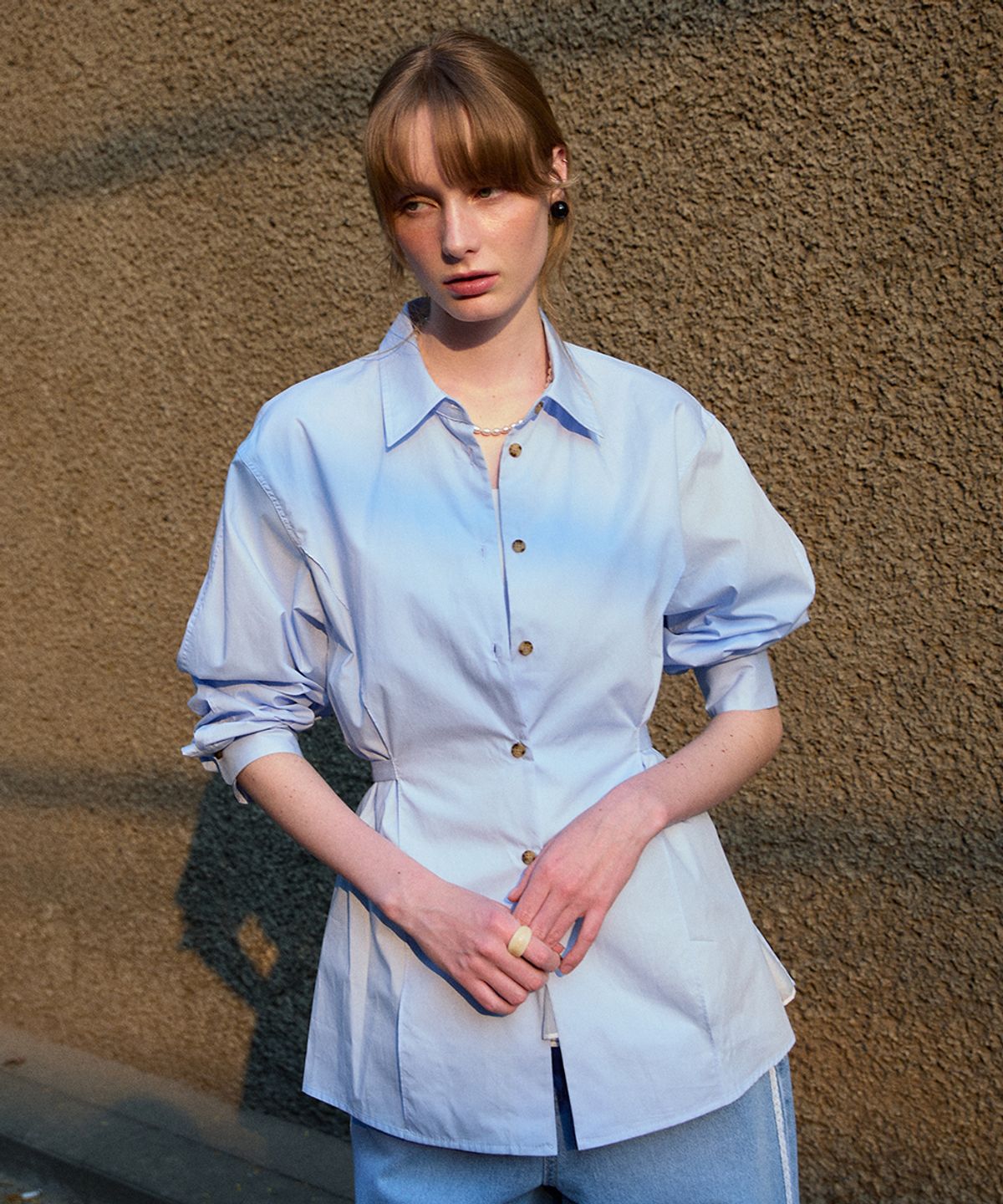 코케트(COQUET) Sheer Layered Belted Shirt Light Sky Blue