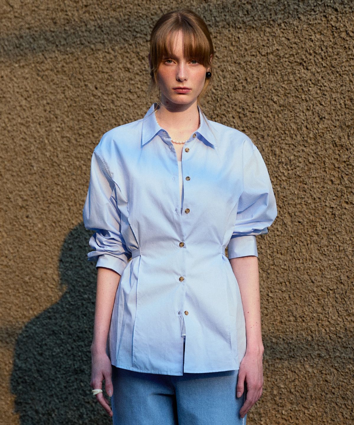 코케트(COQUET) Sheer Layered Belted Shirt Light Sky Blue