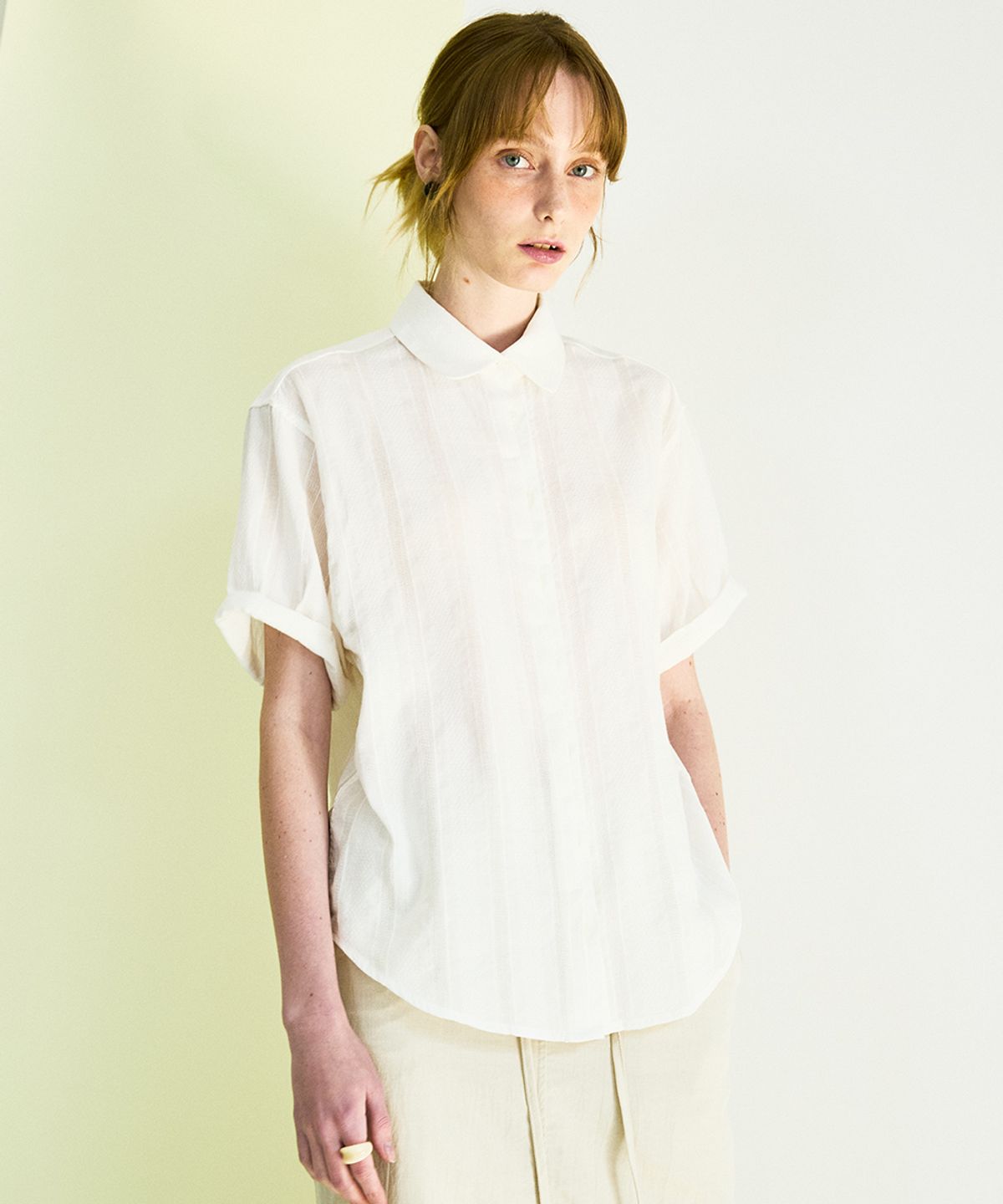 코케트(COQUET) Sheer Double Placket Roll Up Shirt Lace Stripe