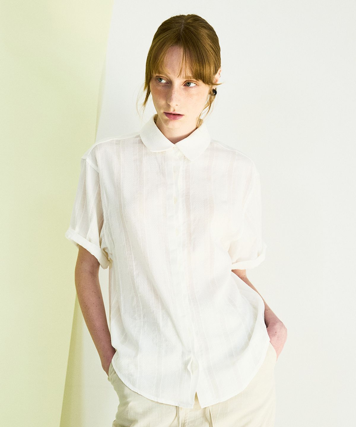 코케트(COQUET) Sheer Double Placket Roll Up Shirt Lace Stripe