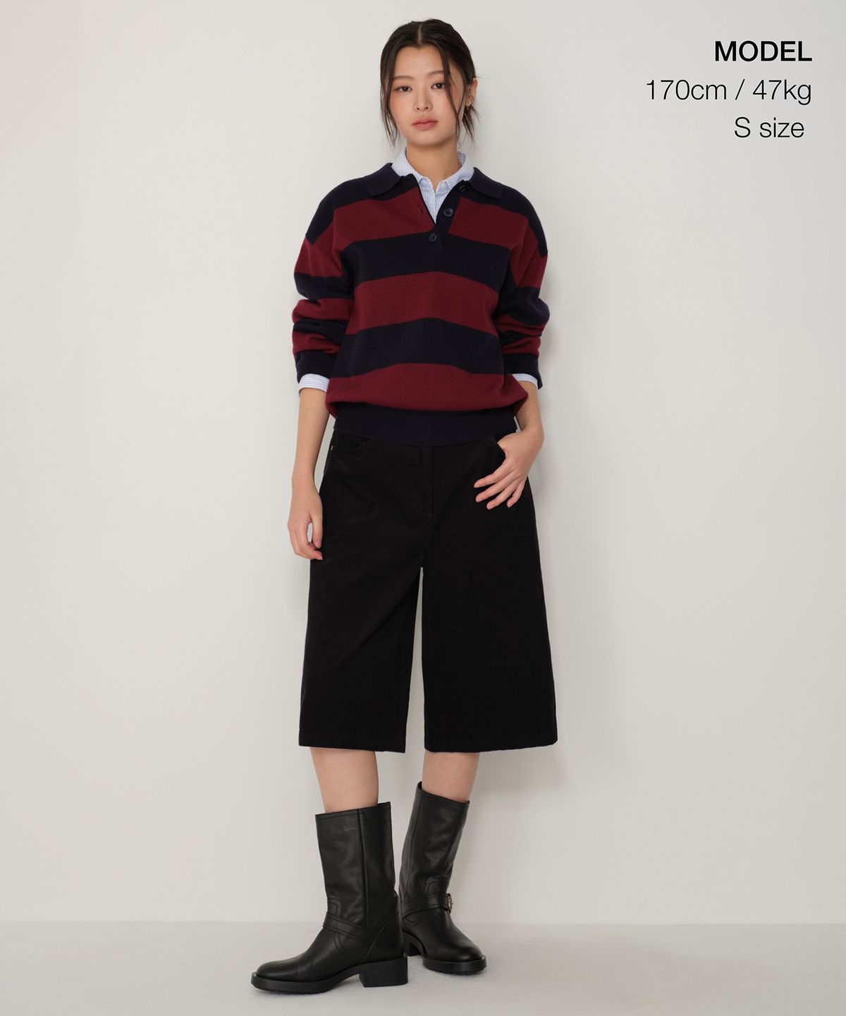 무신사 스탠다드 우먼(MUSINSA STANDARD WOMAN) 우먼즈 볼드 스트라이프 칼라드 니트 [버건디]