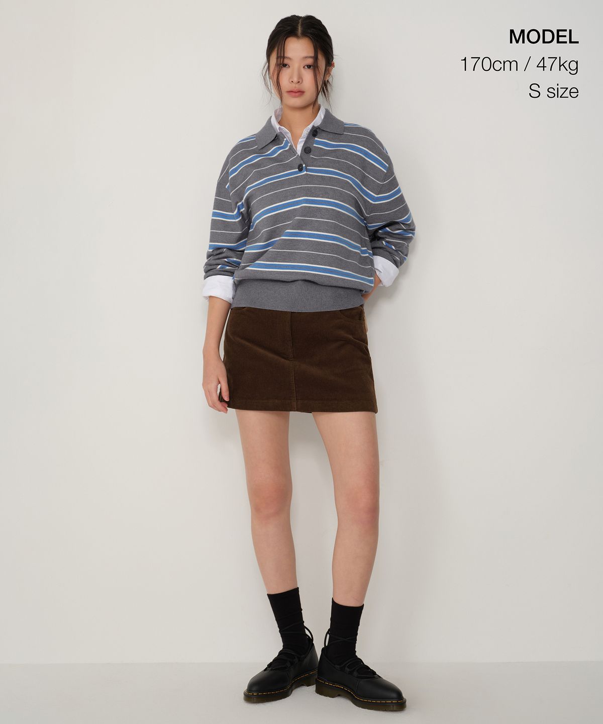 무신사 스탠다드 우먼(MUSINSA STANDARD WOMAN) 우먼즈 멀티 스트라이프 칼라드 니트 [그레이]