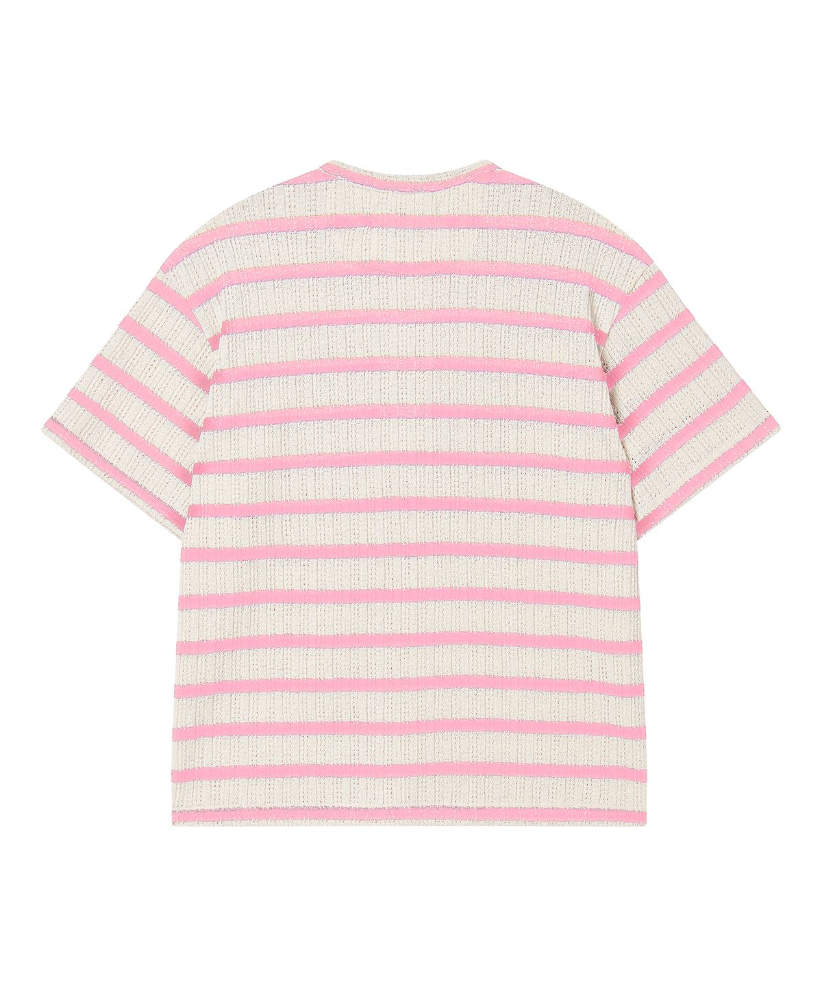 비욘드클로젯(BEYOND CLOSET) [COLLECTION LINE] 럭스 코튼 스트라이프 헨리넥 반팔 니트 핑크