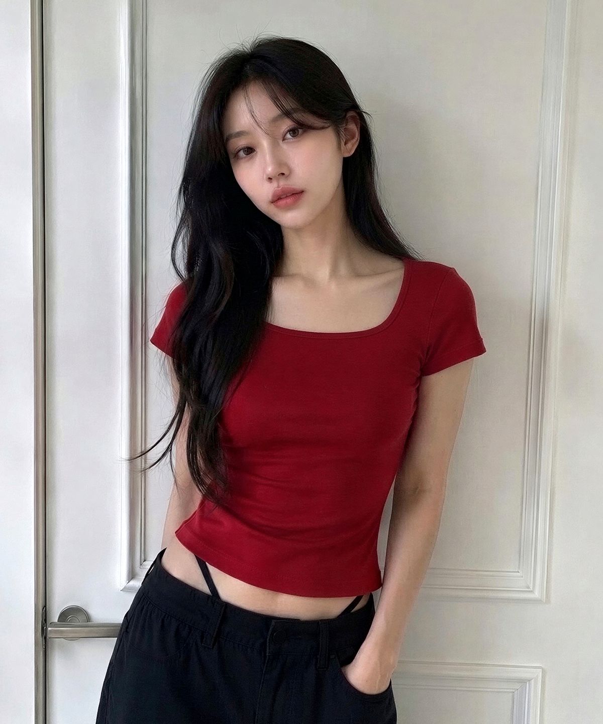 디어미(DEAR,ME) 슬림핏 스퀘어넥 티셔츠 [레드]