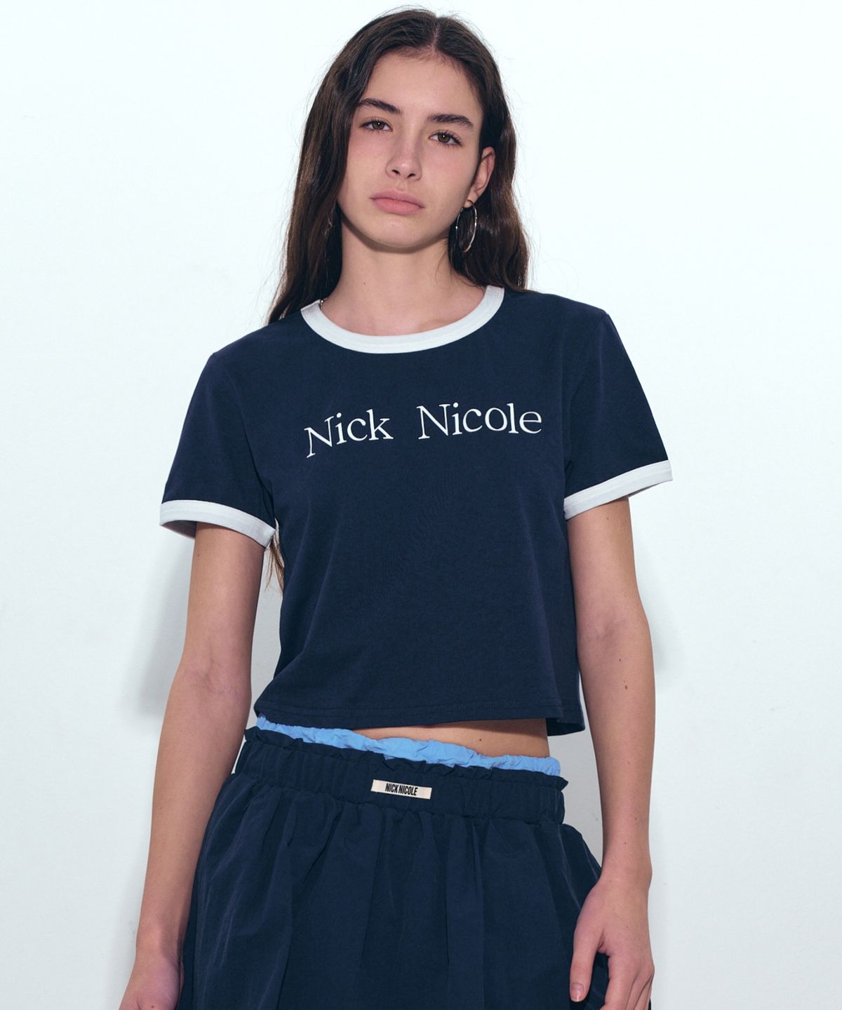 닉앤니콜(NICK&NICOLE) NICOLE PRINTING RINGER CROP TOP_NAVY WHITE