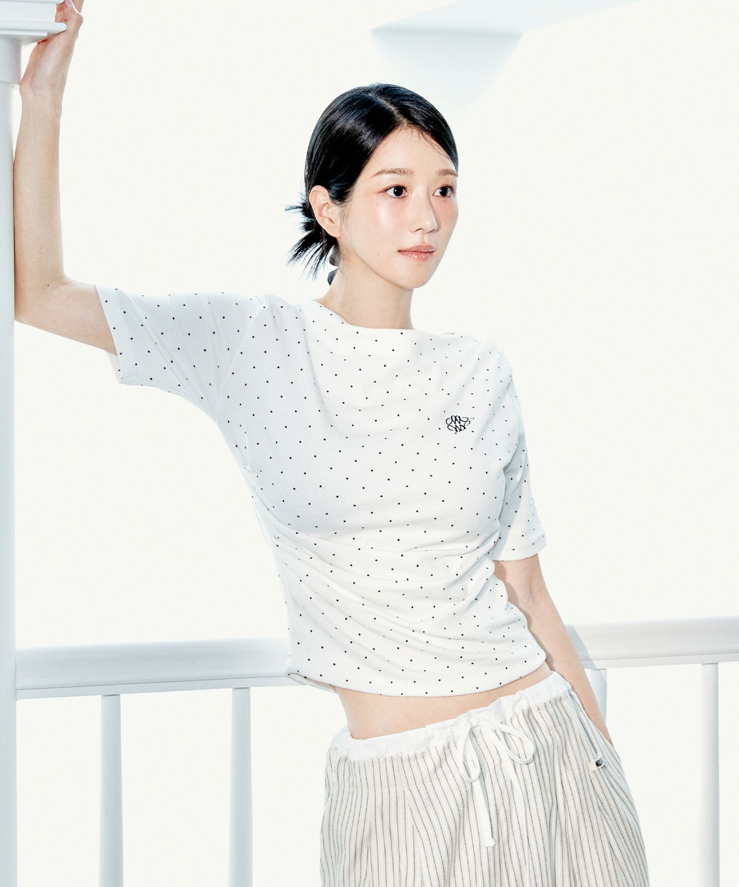 最高の NICK&NICOLE | MUSINSA DOT NECK BOAT DRAPE SHIRRING HALF トップス