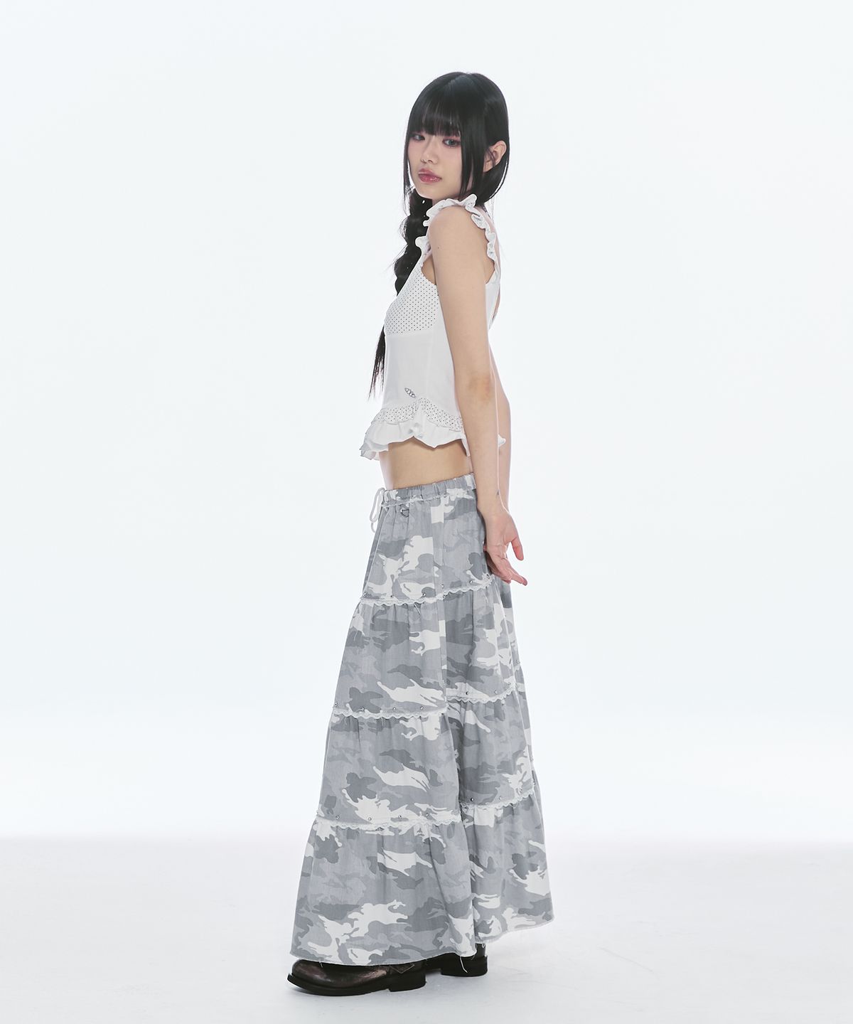 체리퀴리(CHERRYQUIRI) lace stud cancan long sk - camo