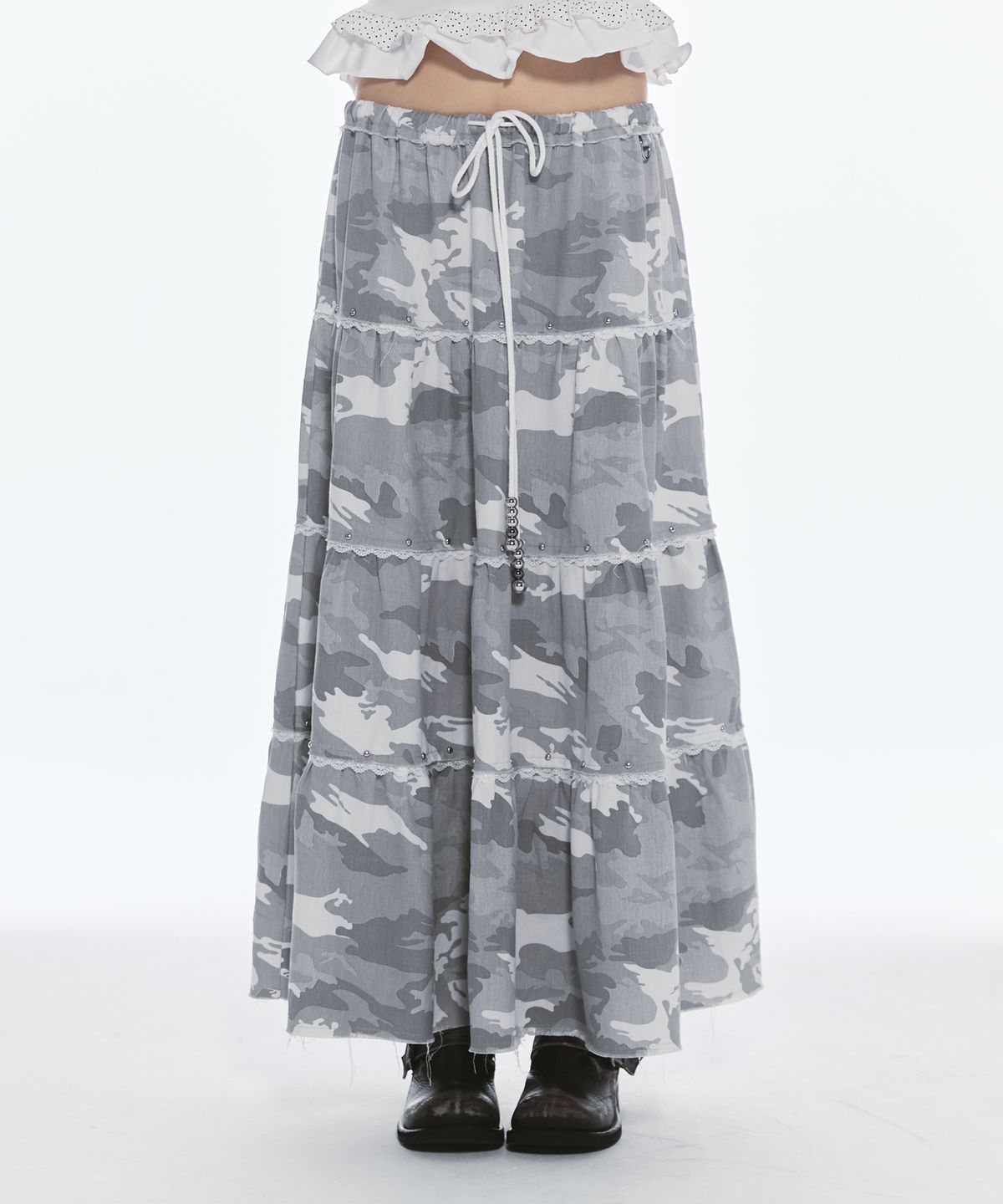체리퀴리(CHERRYQUIRI) lace stud cancan long sk - camo
