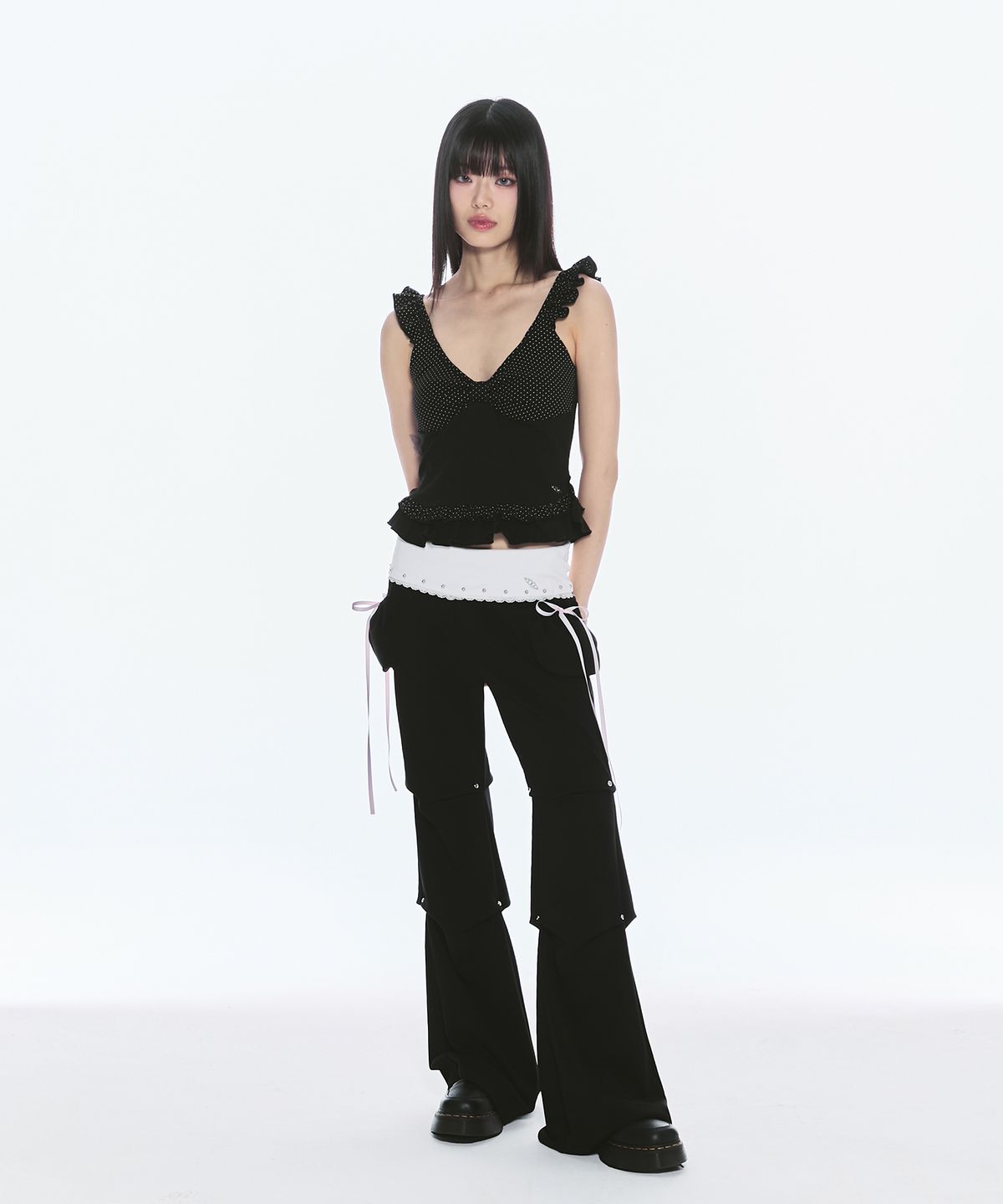 체리퀴리(CHERRYQUIRI) dot ribbon frill sleeveless - black