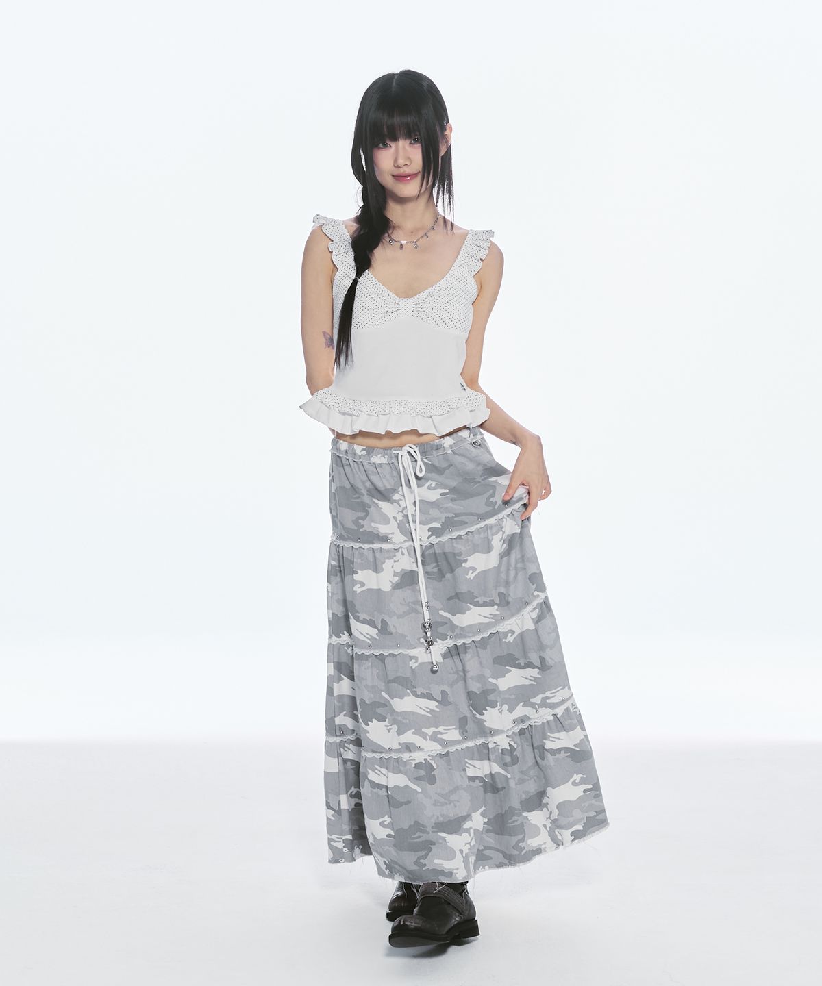 체리퀴리(CHERRYQUIRI) dot ribbon frill sleeveless - white