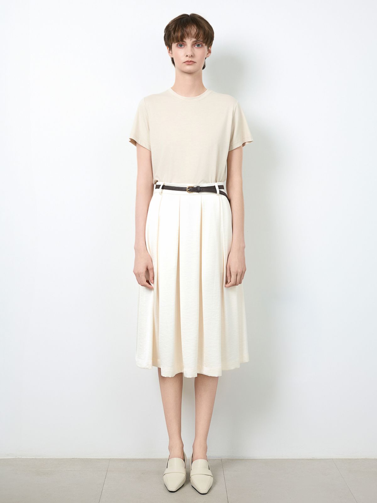 로에(LEAUET) Belle Cream Pleated Midi Skirt (Belt Set)
