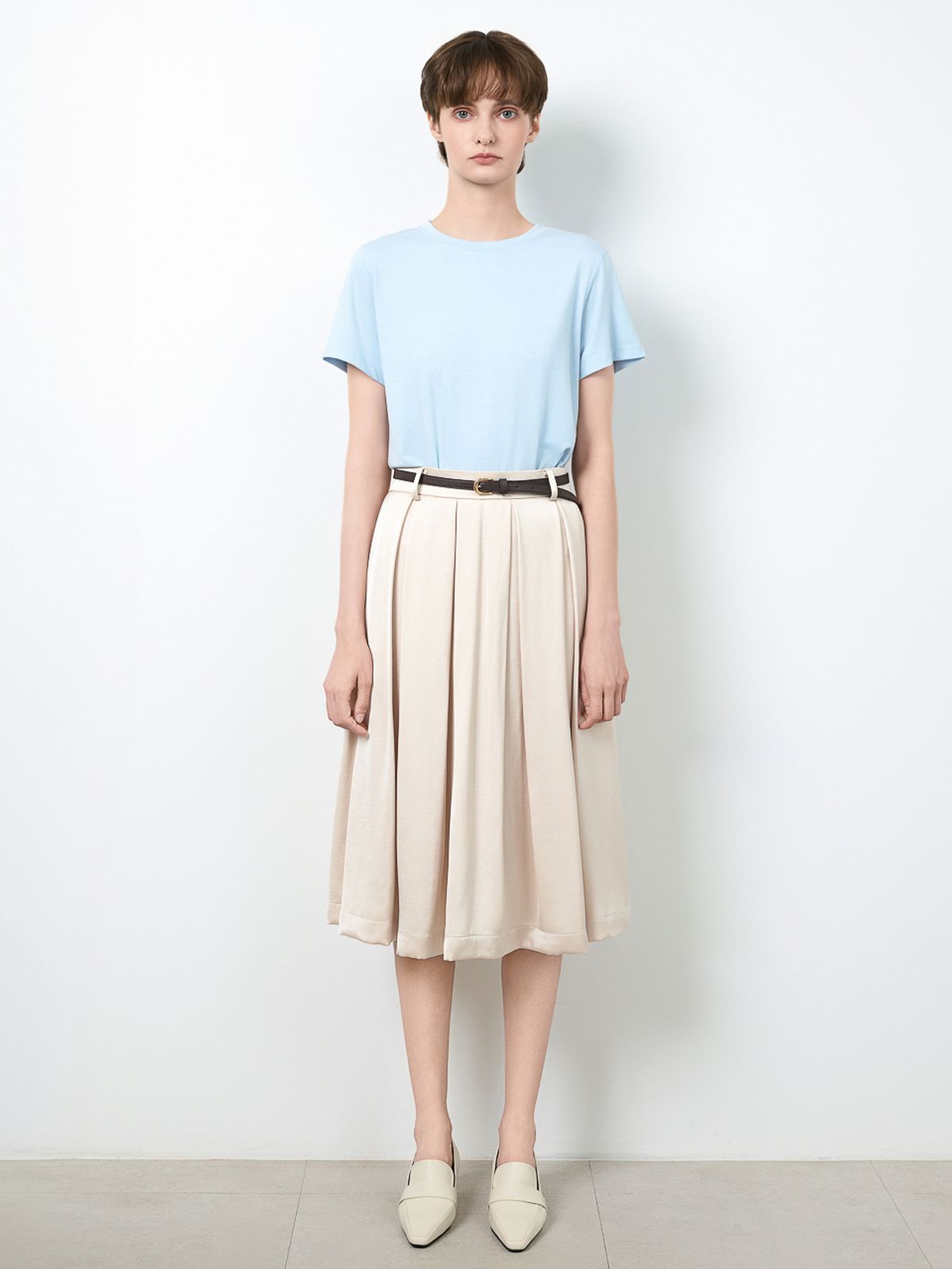 로에(LEAUET) Belle Beige Pleated Midi Skirt (Belt Set)