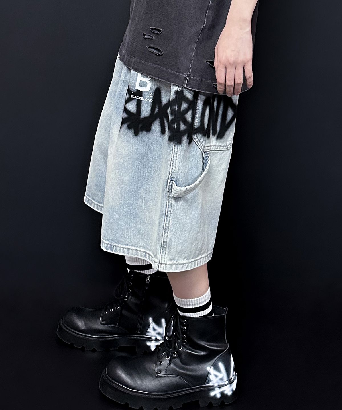 블랙블론드(BLACKBLOND) 비비디 빈티지 클래쉬 데님 반바지 (라이트 블루)